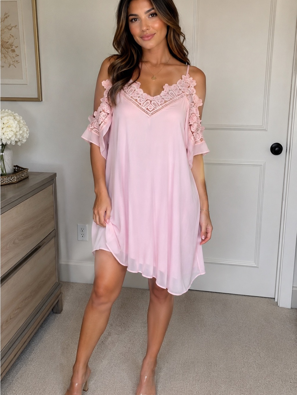Ina Pink Cold-Shoulder Lace Trim Midi Dress